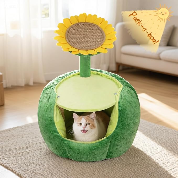Cat Houses for Indoor Cats, Small Cat Tree with Sisal Mat and Plush Perch, Cute Cat Bed Cave with Soft Pillow, Sunflower Design