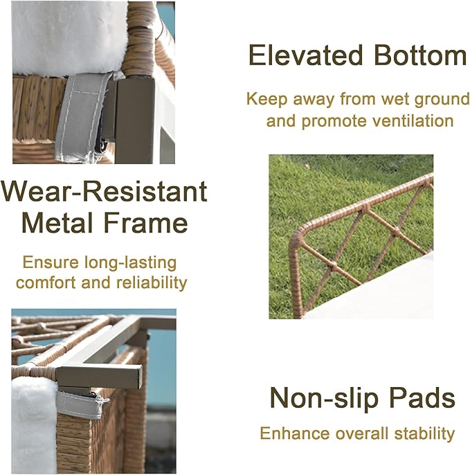 Outdoor Wicker Dog Bed Indoor Rattan Dog Sofa with Soft Cushion (Brown Wicker/White Cushion, Small)