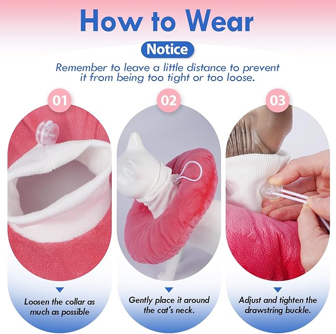 Anti-Lick Recovery Cone for Cats, Adjustable Soft Elizabethan Collar After Surgery, Easy on & Off with Drawstring Buckle, Eat & Drink Normally, Mashable Washable Pet Cone, Pink Large
