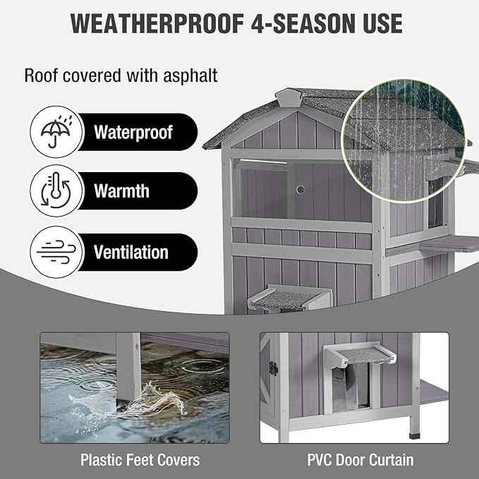 Insulated Cat House Outdoor Two-Story Feral Cat House with Escape Door and Two Large Side Door, Weatherproof Kitty Shelter with All-Round Insulated Liner for Outside