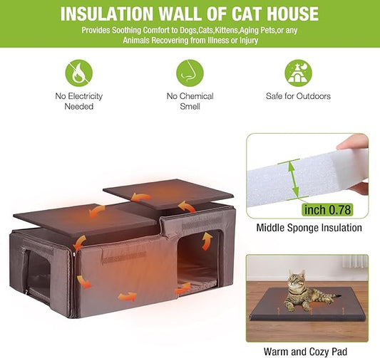 Cat House Outdoor Feral Kitty Shelter with Insulated Liner Weatherproof Roof Cat Home for Winter,Roomly
