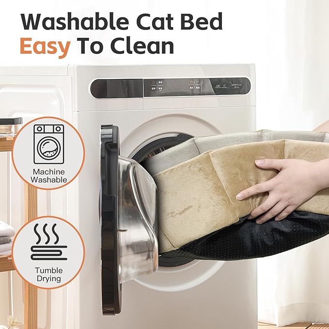 Cat Bed Kitten Bed, Washable Round Cat Beds for Indoor Cats, Super Soft Faux Rabbit Fur Small Kitten Bed for Puppy and kitten, Fluffy Inner Mat Filling Memory Foam with Anti-Slip Bottom (khaki)