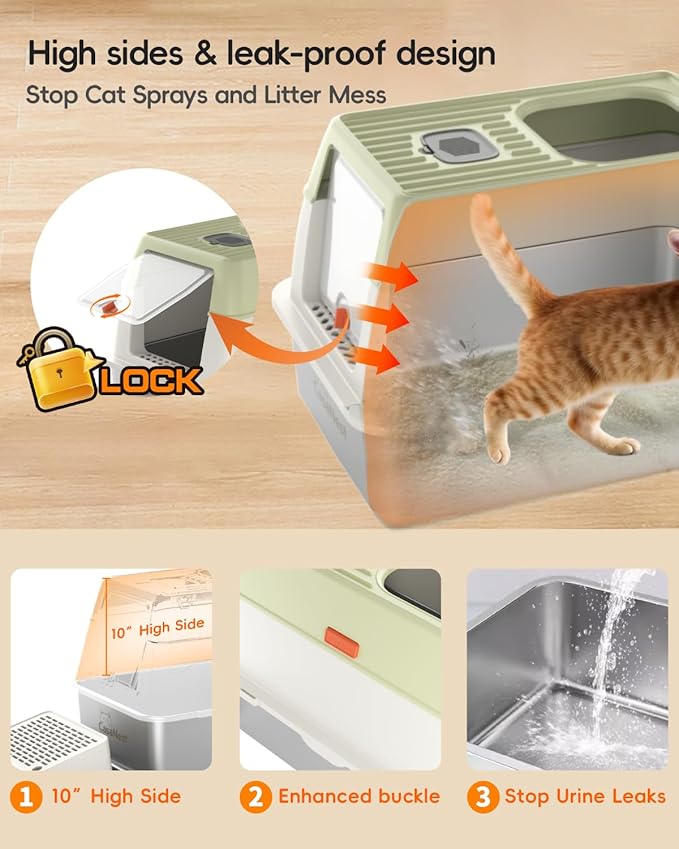 XL Extra Large Stainless Steel Cat Litter Box with Lid, 3-in-1 Enclosed/Open, Durable Metal Litter Box for Big, Multi Cats, Non-Stick, Odor Control, Easy Cleaning, Durable ABS Lid, Green