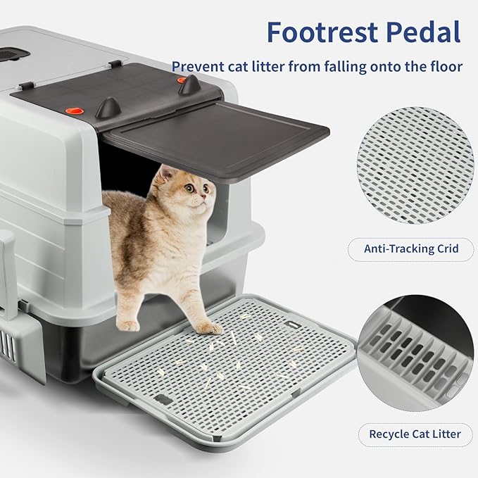 XXXL Stainless Steel Litter Box with Lid, Extra Large 28" L x 20" W x 17" H Enclosed Metal Cat Litter Box with Litter Scoop & Foot Pedal, Odor Control, Easy Cleaning for Big Cats (Light Grey)