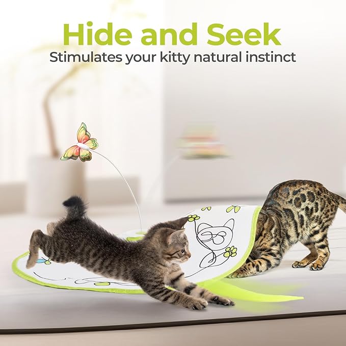 ALL FOR PAWS 2 in 1 Cat Wand Toy - Hide-N-Seek & Flutter with Butterfly Spinner & Moving Feather for Indoor Cats