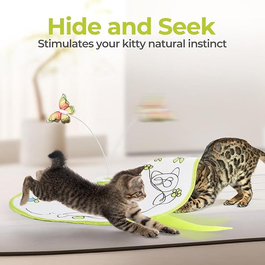 ALL FOR PAWS 2 in 1 Cat Wand Toy - Hide-N-Seek & Flutter with Butterfly Spinner & Moving Feather for Indoor Cats