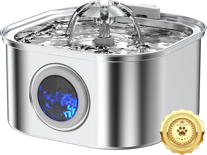 Cat Water Fountain Stainless Steel, 3.2L/108oz Cat Fountain with Water Level Indicator, Pet Water Dispenser with Quiet Pump Ideal for Cats, Dogs and Multi-pet households