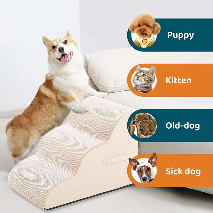 Dog Steps for Small Pets, Dog Stairs for High Beds and Couch, 16" 3-Step High Density Foam Pet Stairs for Dogs Injured, Older Dogs Cats, Pet with Joint Pain (Beige)