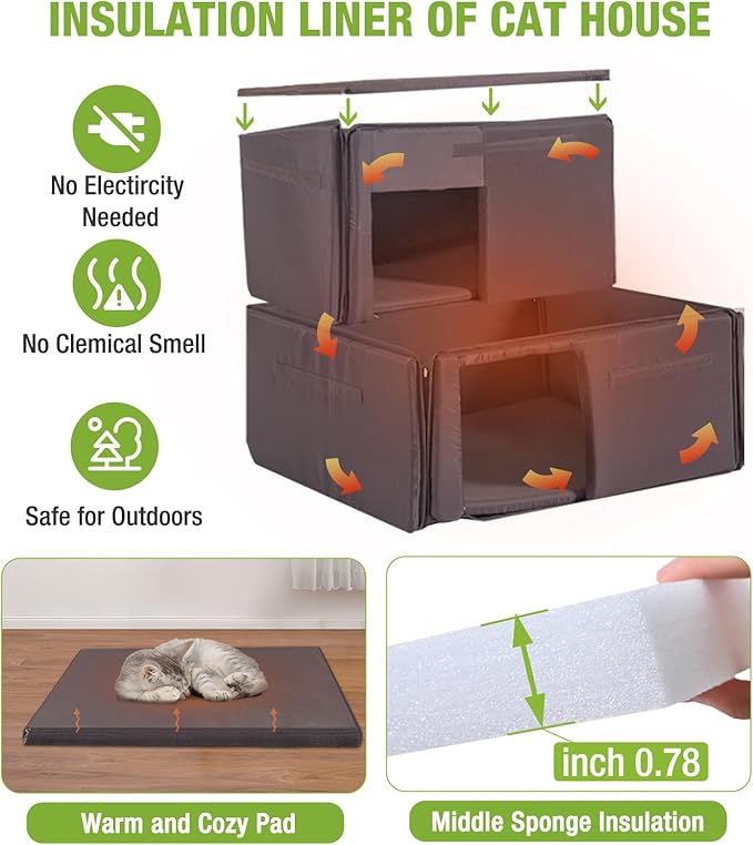 GUTINNEEN Outdoor Cat House Insulated Liner for Winter, Weatherproof Heated Outside Feral Cat Shelter, 2-Story Kitten House with Large Balcony
