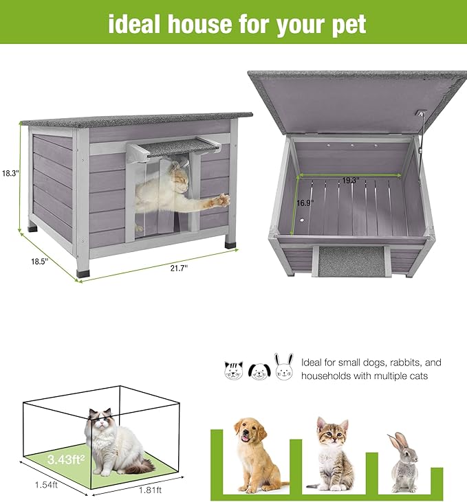 Outdoor Cat House Weatherproof, Feral Cat Shelter with Asphalt Openable Roof, PVC Curtain & Elevated Base for Rain Resistance and Easy Cleaning
