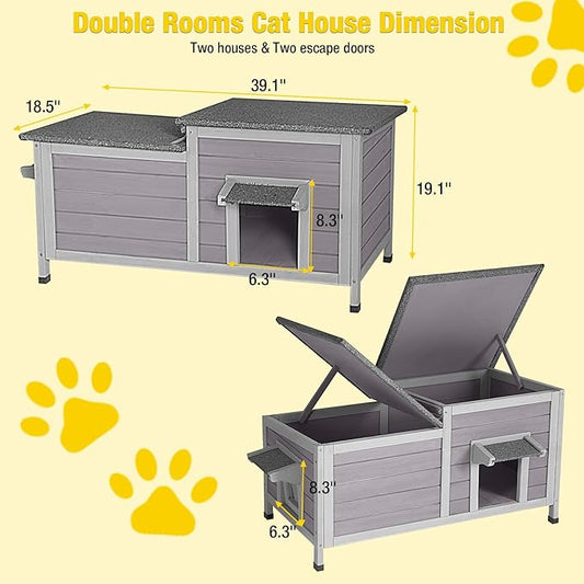 Aivituvin Outdoor Cat House，Double Rooms Waterproof Outside Feral Cat Shelter for Winter 100% Wood