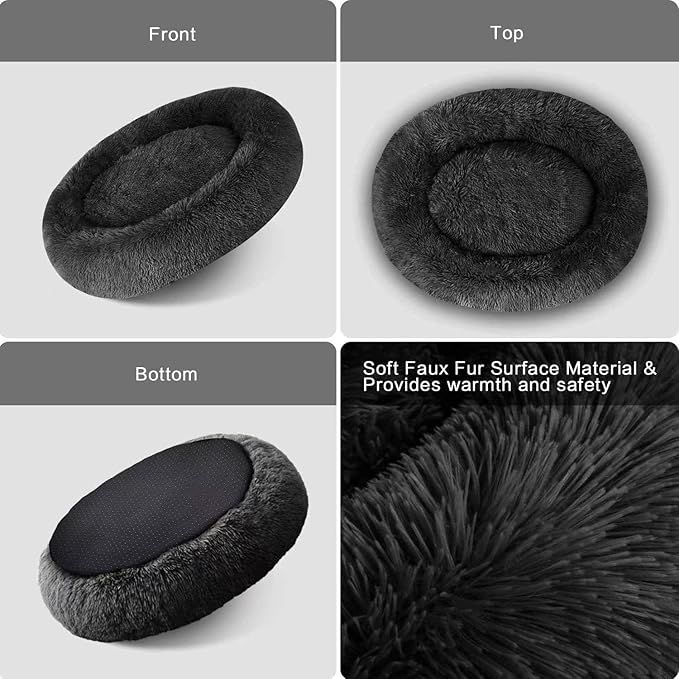 Cat Beds for Indoor Cats - Cat Bed Washable 24 inches, Dog Beds for Small Medium Dogs, Anti Anxiety Round Fluffy Plush Faux Fur Cat Bed, Thick Bottom (Dark, Large 24" L x 24" W)
