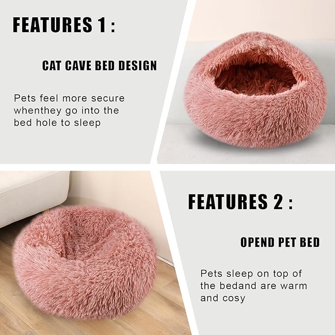 Cat Beds for Indoor Cats,Cat Cave for Puppy and Kitty,Calming Small Dog Bed for Small Dogs with Cover Cave,Cozy Warming Fluffy Washable Anti-Slip Pet Sleeping Bag(20 * 20inch,Leather Pink)