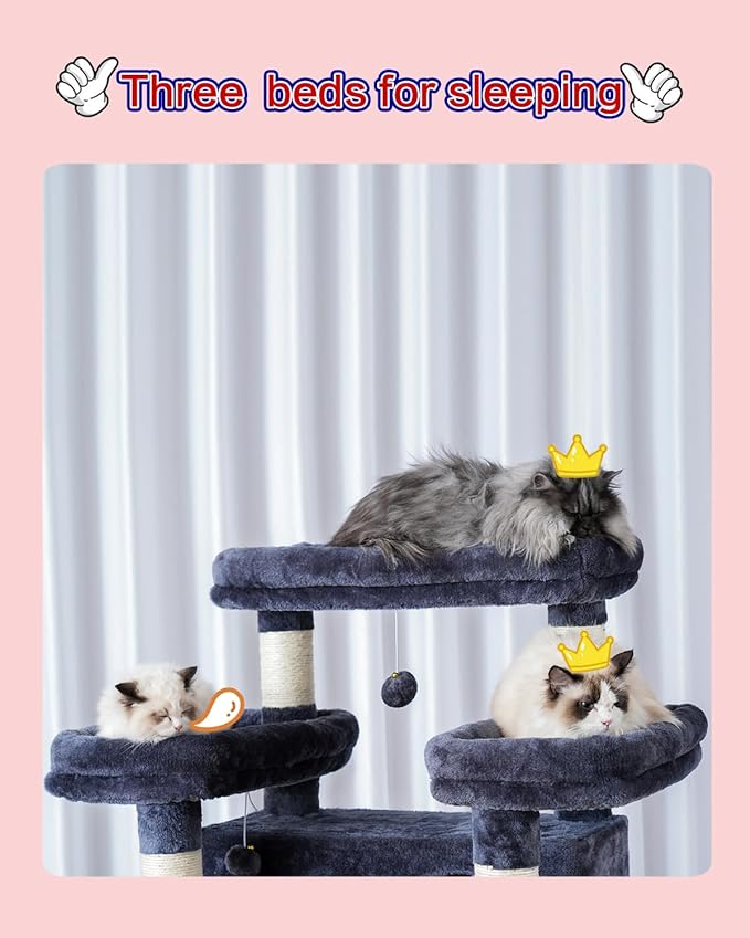 Cat Tree for Indoor Cats Large Adult, 74" Cat Tower with 3 Big Platforms, 2 Baskets, 2 Condos, Multi-Level Cat Scratching Posts, Smoky Gray GCT030G