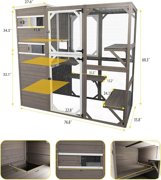 Large Outdoor Catio Enclosures - Wooden Cat House Weatherproof with Multi Platforms & Weather Resistant Roof, Indoor Interoperability - 71" H 77" L