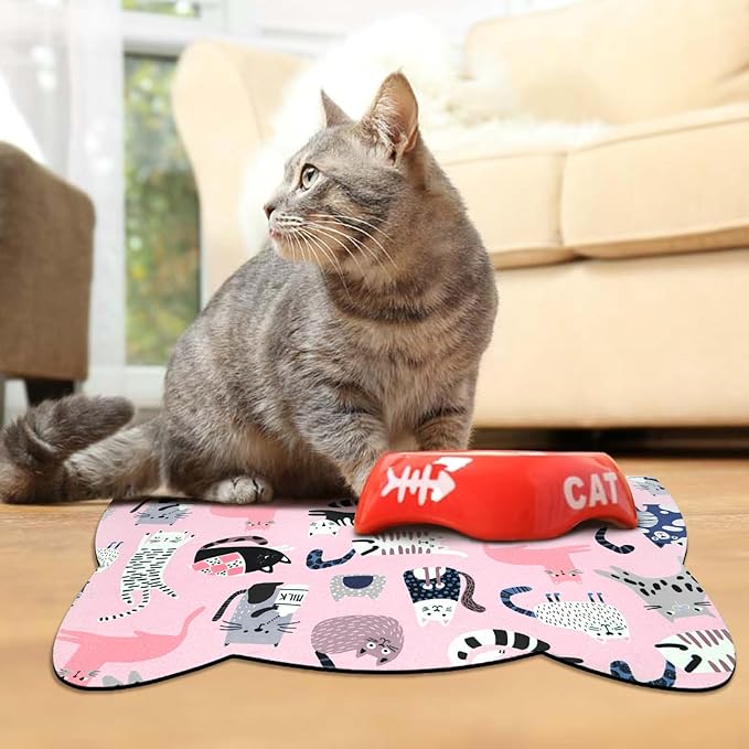 Cat Food Mats for Floor, Dog Water Bowl Mats Pet Feeding Absorbent Placemats for Food and Water Pink 17.7 * 9.8 inch