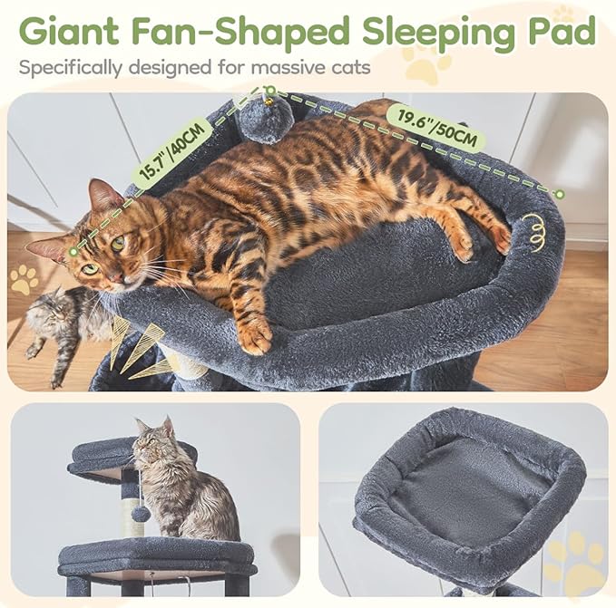 Taoqimiao 72 Inches Cat Tree for Large Cats, Multi-Level Tall Cat Tower, Widened Cat Condo with Large Scratch Board, 5 Scratching Posts, Metal Hammcock, Cozy Basket, Smoky Gray, MS045G