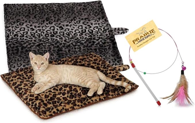Prairie Horse Supply Quality Thermal Cat Mat and Free Cat Toy (Grey Leopard) (2 Mats) Cozy Self Heating Warming Kitty Kitten Puppy Small Dog Bed, Reversible Washable Pad, No Electricity