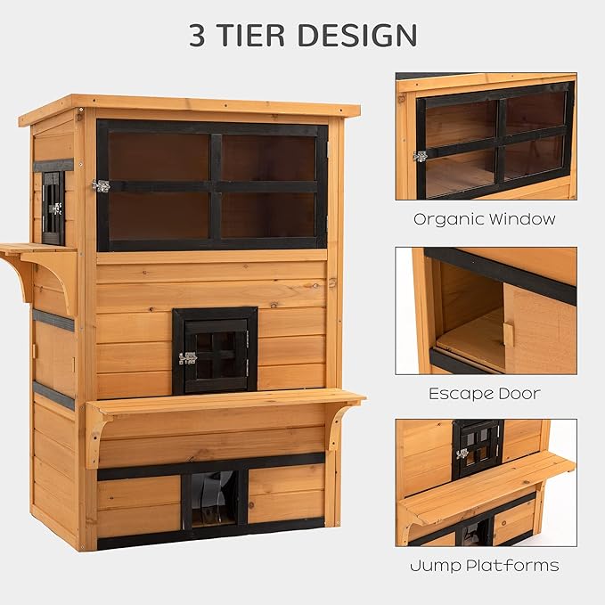 PawHut 3-Story Cat House Feral Cat Shelter, Outdoor Kitten Condo with Raised Floor, Asphalt Roof, Escape Doors, Jumping Platforms, Yellow
