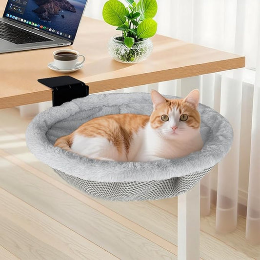 L&W BROS.Cat Desk Bed – Supports Up to 50 lbs, Removable Machine-Washable Plush Cover, Comfortable Cat Perch for Indoor, Space-Saving Foldable Design for Home Office, Gaming Desks