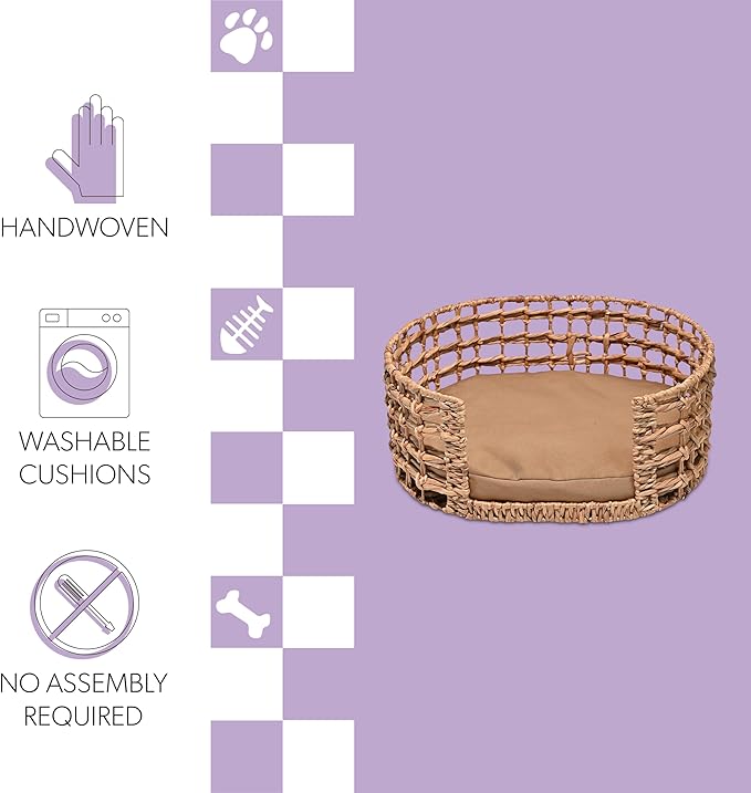 DBD4000A Gigi 24" x 18" Modern Bohemian Handwoven Hyacinth Open-Weave Oval Pet Bed with Machine-Washable Cushion, Natural