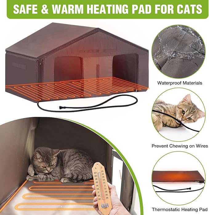 Heated Outdoor Cat House with Heating Pad and Insulated Liner in Winter, Feral Cat Shelter with Weatherproof Roof and Elevated Base, Kitten Condo with 3 Escape Doors Outside (Black & White, Medium)