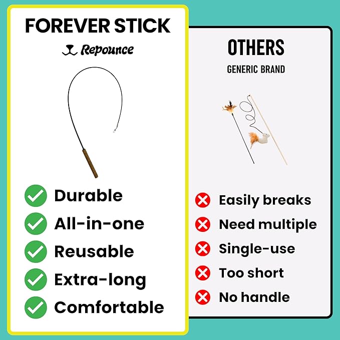 Forever Stick - The Unbreakable Cat Toy Wand, Extra Long Durable Interactive Cat Toy for Indoor Cats, Feather Kitten Toys for Bored Indoor Adult Cats, Bird Teaser Cat Accessories Enrichment