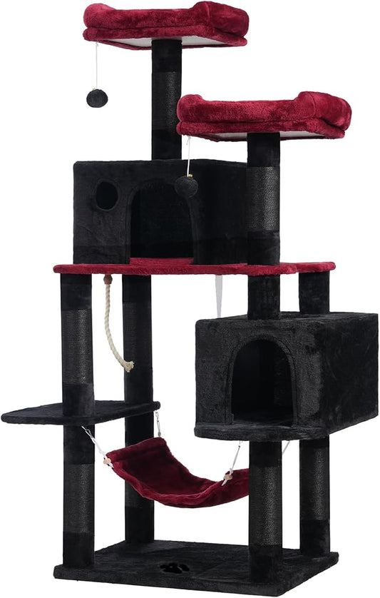 Hey-brother Gothic Large Multi-Level Cat Tree Condo Furniture with Sisal-Covered Scratching Posts, 2 Bigger Plush Condos, Perch Hammock for Kittens, Cats and Pets, Black and Red MPJ020BR