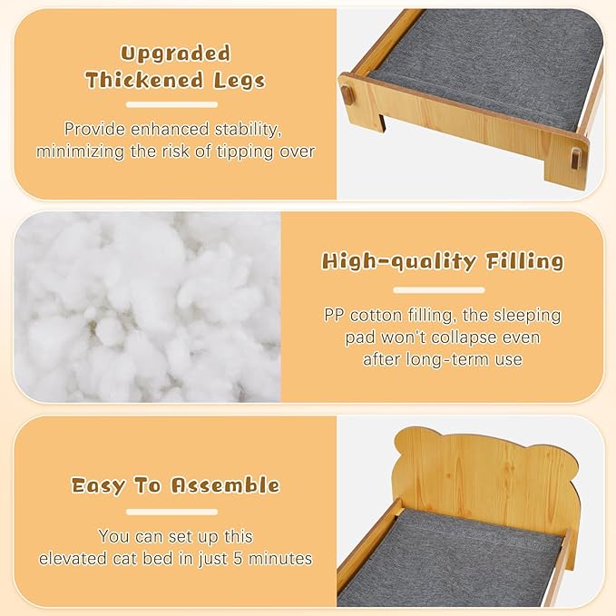 Elevated Cat Bed for Indoor Cats: Natural Wooden Cat Hammock Bed with Raised Legs Washable Mattress Pillow for Small Dogs Rabbit Bunny and Small Animals Holding 40 Lbs