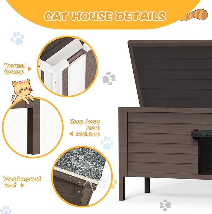 rehitk Outdoor Cat House for Winter Feral Cat House Waterproof All-Round Foam Insulated and Thermostatic Large Outdoor Cat Shelter, Solid Wood Cat Condos for Multiple Cats 34.4 "L * 21.7" W * 27.2" H