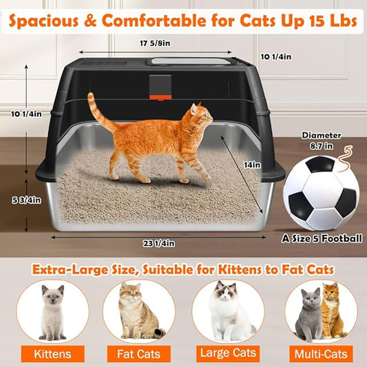 SZEE Stainless Steel Litter Box, XL Top Exit Enclosed Metal Cat Litter Box with Lid & Enclosure, Activated Charcoal Odor Control, Footboard, Trapping Mat & Scoop Included (Black)