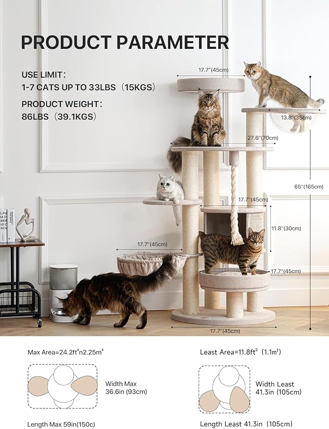 Extra Large Cat Tree for Maine Coon,65 Inches Tall Cat Tree Tower for Indoor Cats Large Adult 20 lbs,XXL Heavy Duty Luxury Sturdy Cat House with Big Hammock,Sisal Scratching Post,Condo