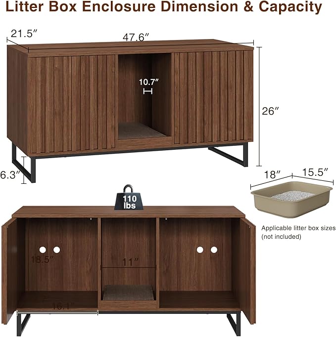 Cat Litter Box Enclosure for 2 Cats, 47.6’’ Litter Box Furniture Hidden with Scratch Pad, Double Room Large Cat Cabinet, Indoor Pet House TV Stand Side Table,Cats Washroom, Brown