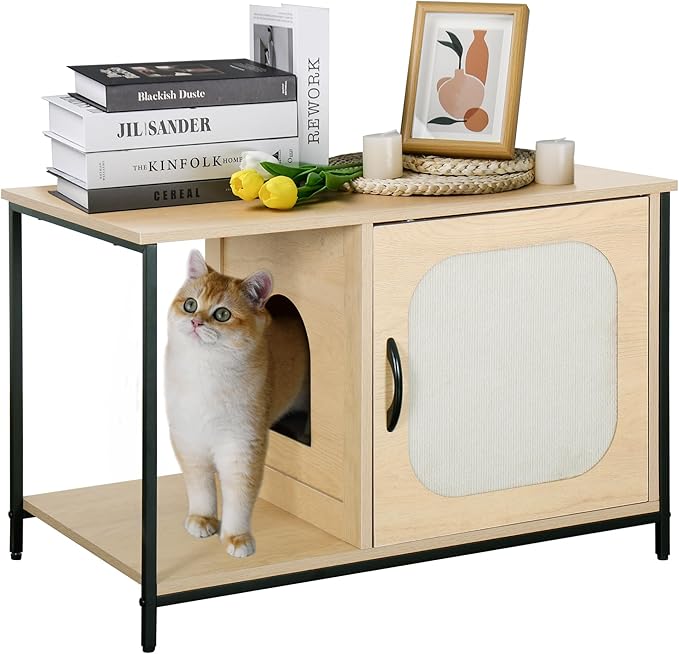 Modern Cat House Furniture with Metal Frame – 2-Tier Wood & Steel Cat Bed End Table, Hidden Cat Condo for Indoor Cats, 31.5" x 18.9" x 22", Rustic Natural Finish