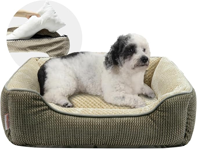 Miguel Medium Small Dog Bed with Washable Removable Cover - Rectangle Pet Bed for Indoor Cats with Bolster Soft Cuddle Bed for Puppies with Supportive Side Wall Slip-Resistant Bottom, Khaki 25 Inches