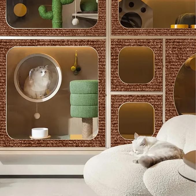 Cat Scratching Mat, Self-Adhesive Cat Scratching Carpet, Trimmable at Scratch Furniture Protector for Cat Tree Shelves, Cat Scratching Post Couch Protector (1PC, Brown)