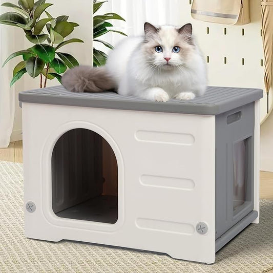 Hicaptain Cat Houses for Indoor Cats with Escape Door Plastic Outdoor Cat House Puppy Feral Cat Shelter for Small Medium Pets-Grey