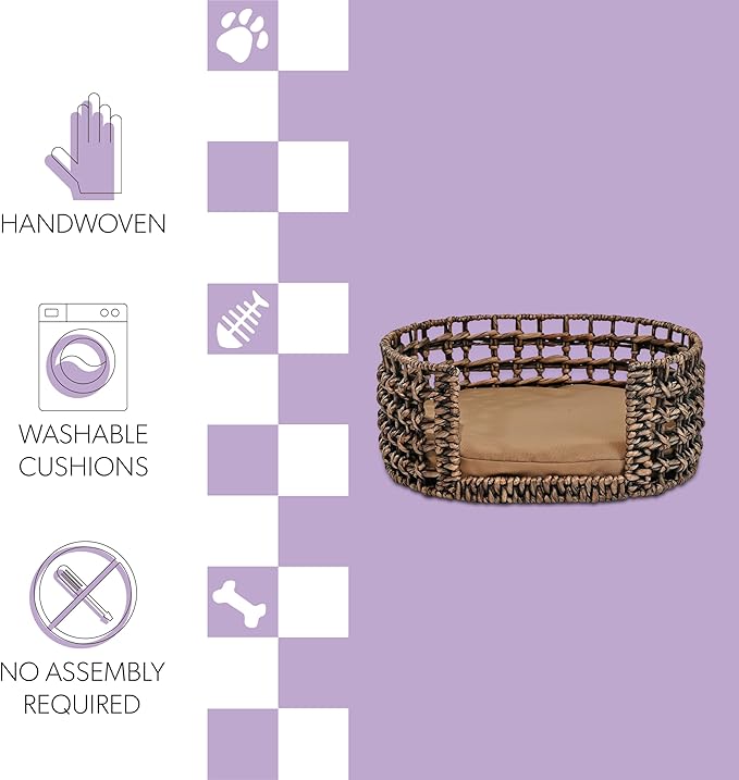DBD4000B Gigi 24" x 18" Modern Bohemian Handwoven Hyacinth Open-Weave Oval Pet Bed with Machine-Washable Cushion, Brown