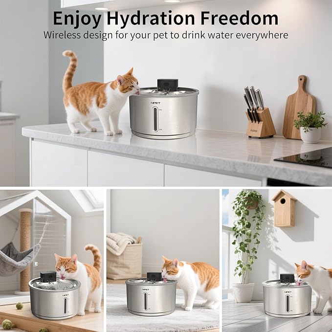 NPET Stainless Steel Wireless Cat Fountain, 1Gallon/4L Battery Operated Automatic Pet Drinking Fountain - Cordless Dog Water Dispenser with Water Level Window for Cats Indoor