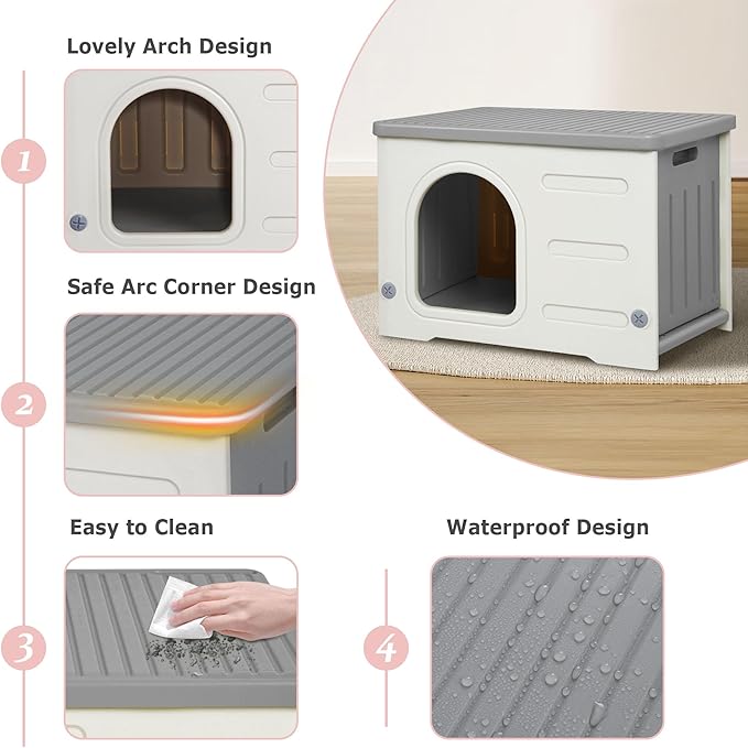 Deblue Plastic Cat House for Indoor Outdoor, Weatherproof Outside Cat House for Feral Cats, Unique Cat Shelter for Small Pet, Spacious, Easy to Assemble - Grey