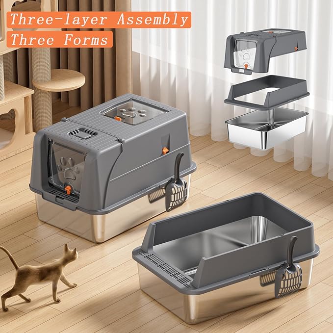 Stainless Steel Litter Box with Lid, 180° Flip-Top Extra Large Enclosed Litter Box, Anti-Leakage Covered Cat Litter Pan with Litter Scoop, Filter Pedal, Odor Free, Front and Top Dual Entry