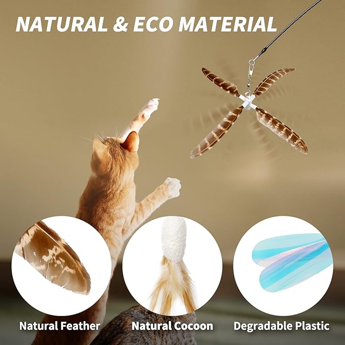 uahpet Natural Feather Cat Toys for Indoor Cats Retractable Kitten Wand 60inch Safe Hunting Distance Interactive Toys for Kittens