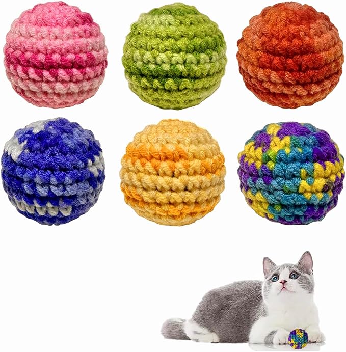 Jingle Cat Toy Balls 6 Pack 1.77" Woolen Yarn with Bell - Indoor Kitten Toys for Safe Chew & Play, Includes Gift Box