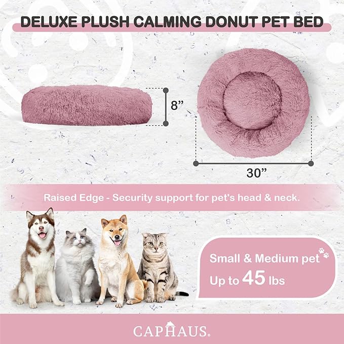 CAPHAUS 24/30 Inch Calming Donut Pet Bed for Small/Medium Cats and Dogs, Anti-Slip Bottom, Washable, Anti-Anxiety Fluffy Round Cat Bed, Indoor Shaggy Cuddler Cotton Candy Brown, Light Gray, Pink Bed