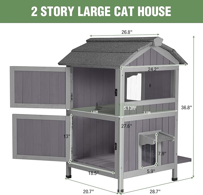 Outdoor Cat House with Two-Story, Feral Cat House with Escape Door and Two Large Side Door, Kitty Shelter with Weatherproof Roof