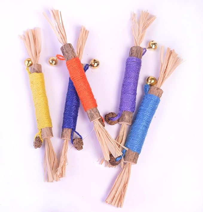 Natural Dried Matatabi Cat Chew Stick with Gall Fruit, Raffia Grass & Cat Bell Ball Toys, Handmade Silvervine Sticks Interactive Catnip Toys for Teething & Entertainment (Size L Color D)