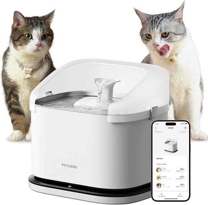 PETLIBRO RFID Multi Cats Water Fountain with Cat Recognition & Hydration Monitoring, Pump-Free Auto Cat Water Dispenser, Large Capacity 101oz/3L, 2.4G Wi-Fi APP Control Cat Fountain x2 Collar Tags