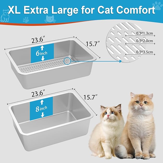 XXL Stainless Steel Sifting Litter Box for Big Cats,Metal Sifting Cat Litter Box for Wood Pine Pellets,Extra Large Sifter Litter Pan System,Odor Control,Easy to Clean,with Liners and Metal Scoop
