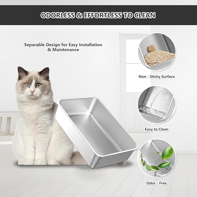 Stainless Steel Cat Litter Box with Lid Extra Large Metal Pan Tray with Enclosed High Sides for Big Cats Multi-Cat, XL Non-Stick Anti-Leakage Easy Cleaning Includes Scoop(Dark Grey)