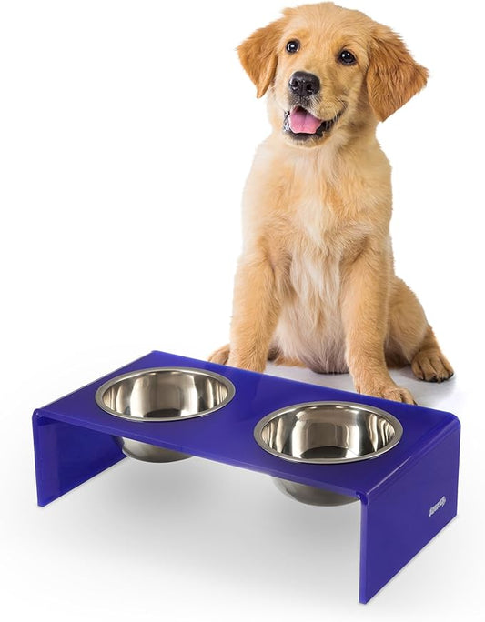 THE LICKER STORE DBL2000F Keaton 5" Small/Medium Modern Acrylic Rectangular Elevated Pet Feeder with 20oz 2-Stainless Steel Bowls, Purple/Chrome